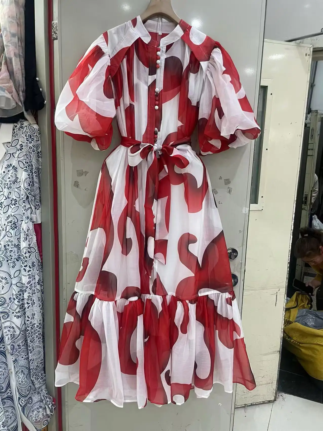 2025 Summer Spring Dress New Fashion Design Women's Catwalk Puff Sleeve Retro Print Flower Casual Midi Length Belt-GZYYY00014