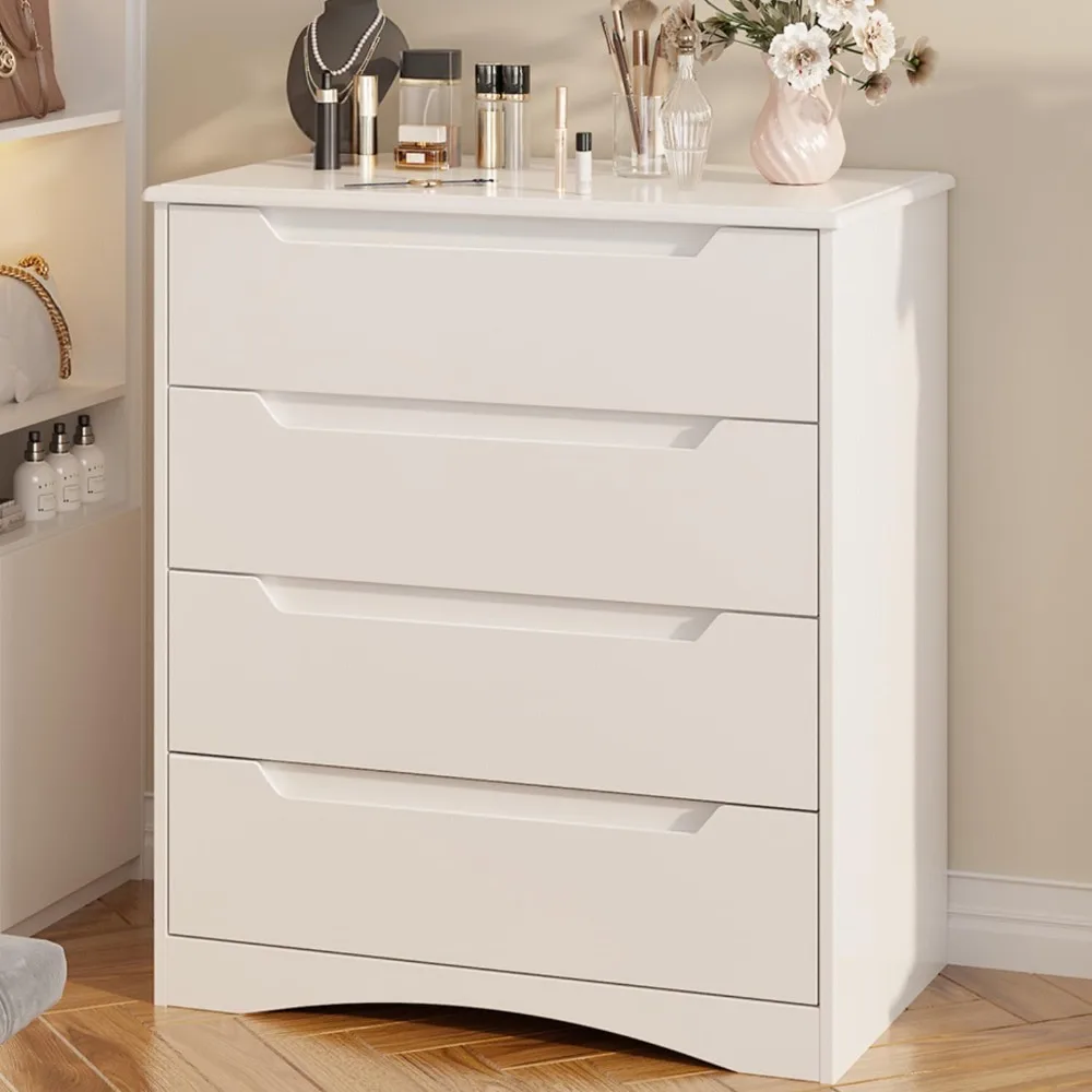 4 Drawer Dresser, White Chest of Drawers with Large Storage Capacity, Bedroom Dressers and Organizer with Embedded Handles