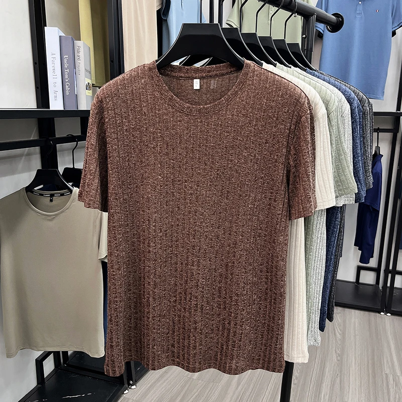 Herren Gestricktes Geripptes Gestreiftes T-Shirt Kurzarm O-Ausschnitt Atmungsaktiver Komfortabler Stoff Sommer Lässig Geschäftlich Tägliche Kleidung – Detail 15