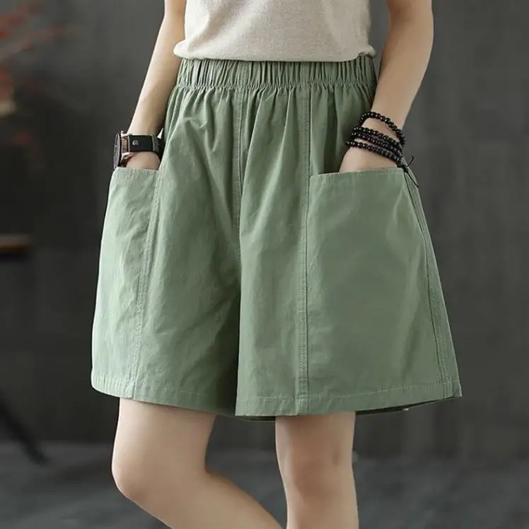 Women's Cotton Pocket Shorts Straight Leg Wide Leg Pants Casual High Waist Polyester Fiber Summer Fashion Ladies' Clothing