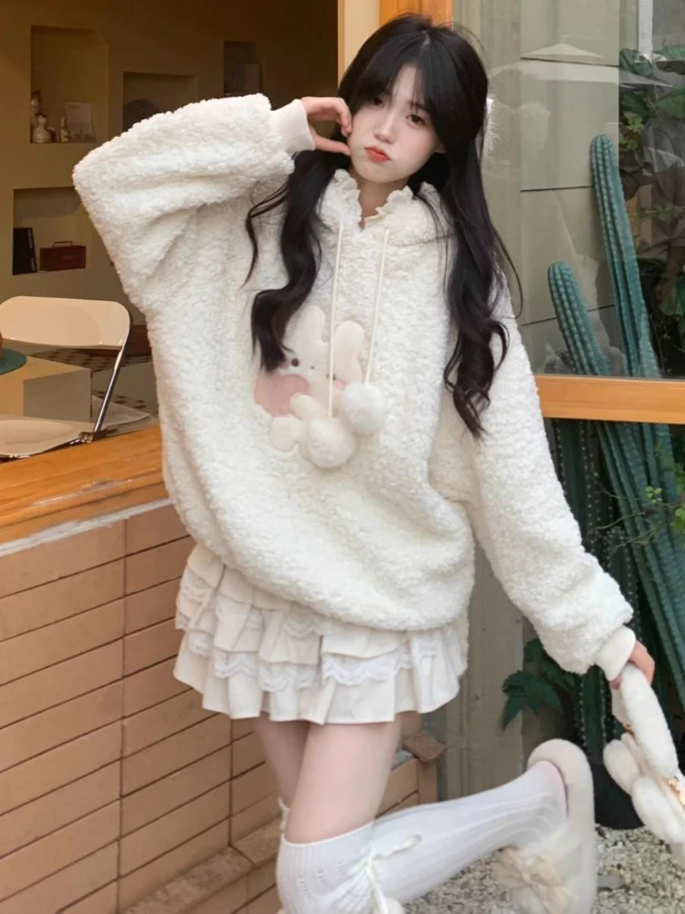 Harajuku Loose Lamb Wool Hoodies Embroidery Rabbit Y2k Aesthetic Grunge Sweatshirts Women Tops Kawaii Cute Drawstring Pullover