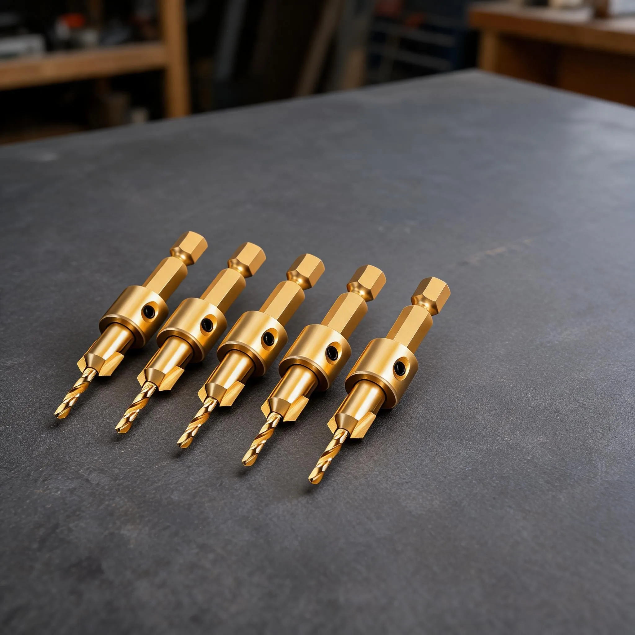 5PCS Countersink Drill Bit Set Hex Shank Adjustable Depth For Wood Drilling Tool Gold Titanium Coated