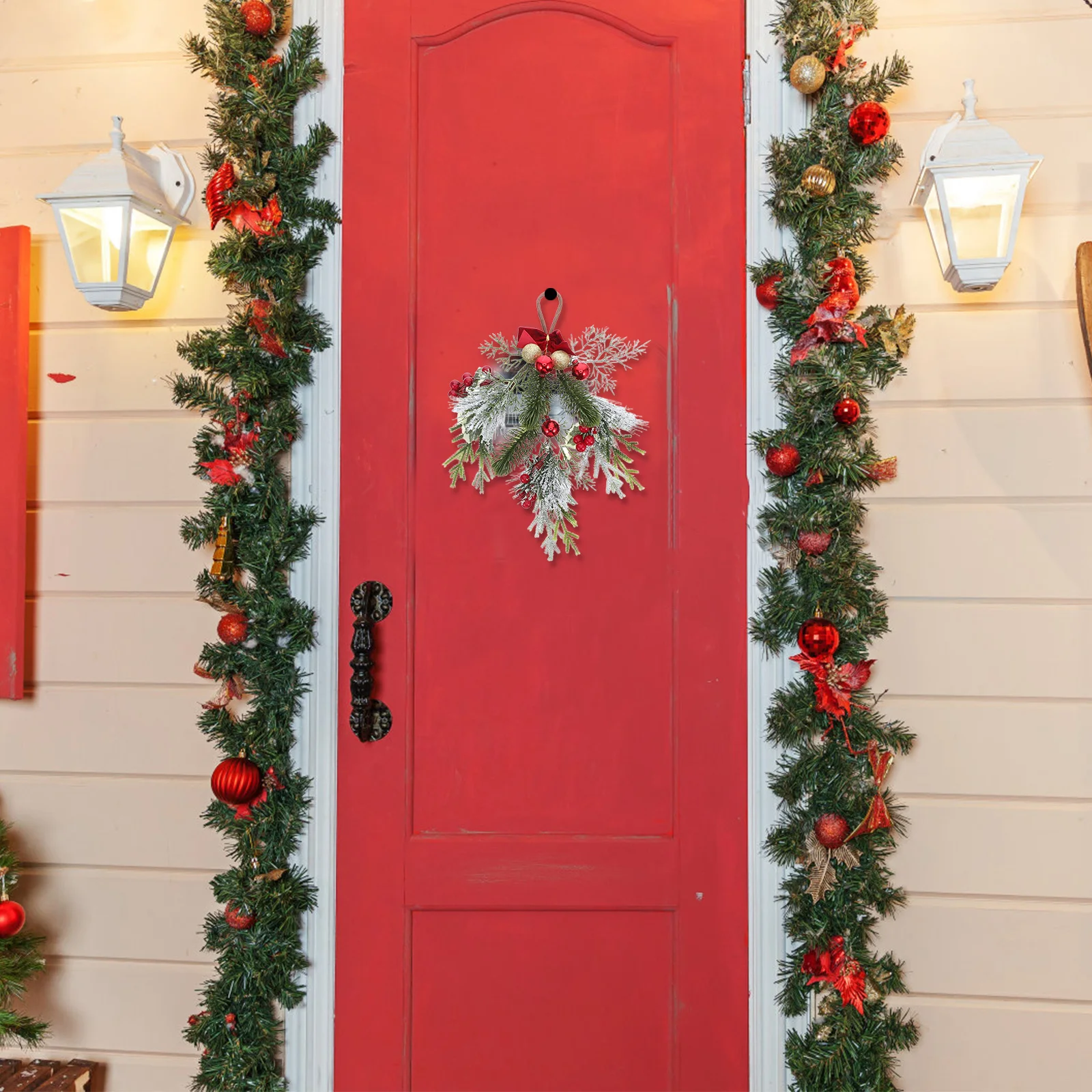 

Christmas Teardrop Swag Red Berries Bowknot Gold Balls Artificial Winter Door Hanging Wreath Front Door Indoor Outdoor Decor