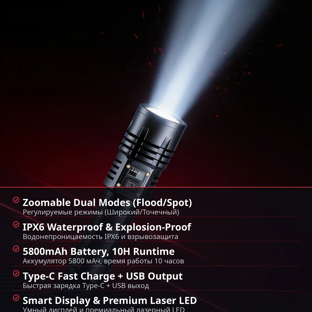 

High Power COB LED Flashlight Type-C Fast Charging Dual Light Design Waterproof Torch for Outdoor Camping Hiking Emergency Use
