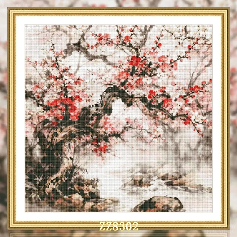 

ZZ8302 plum blossom14CT 16CT Cross Stitch Embroidery DIY Printed Kits Needlework Set Home Decor Crafts New 57 Colors