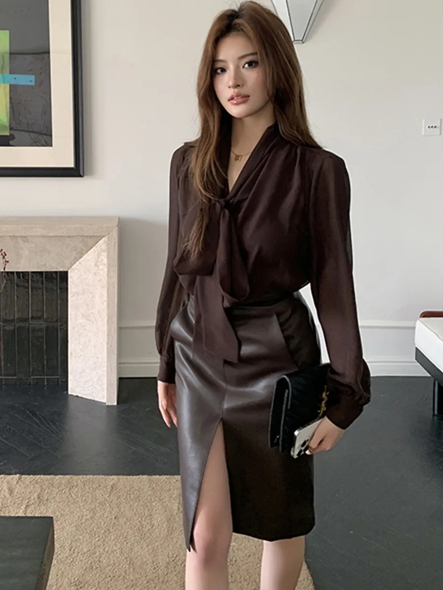 Damen Vintage-Chiffon-Bluse, lässiges Arbeitsoberteil, elegantes, lockeres Chiffon-Business-Hemd mit Schleife