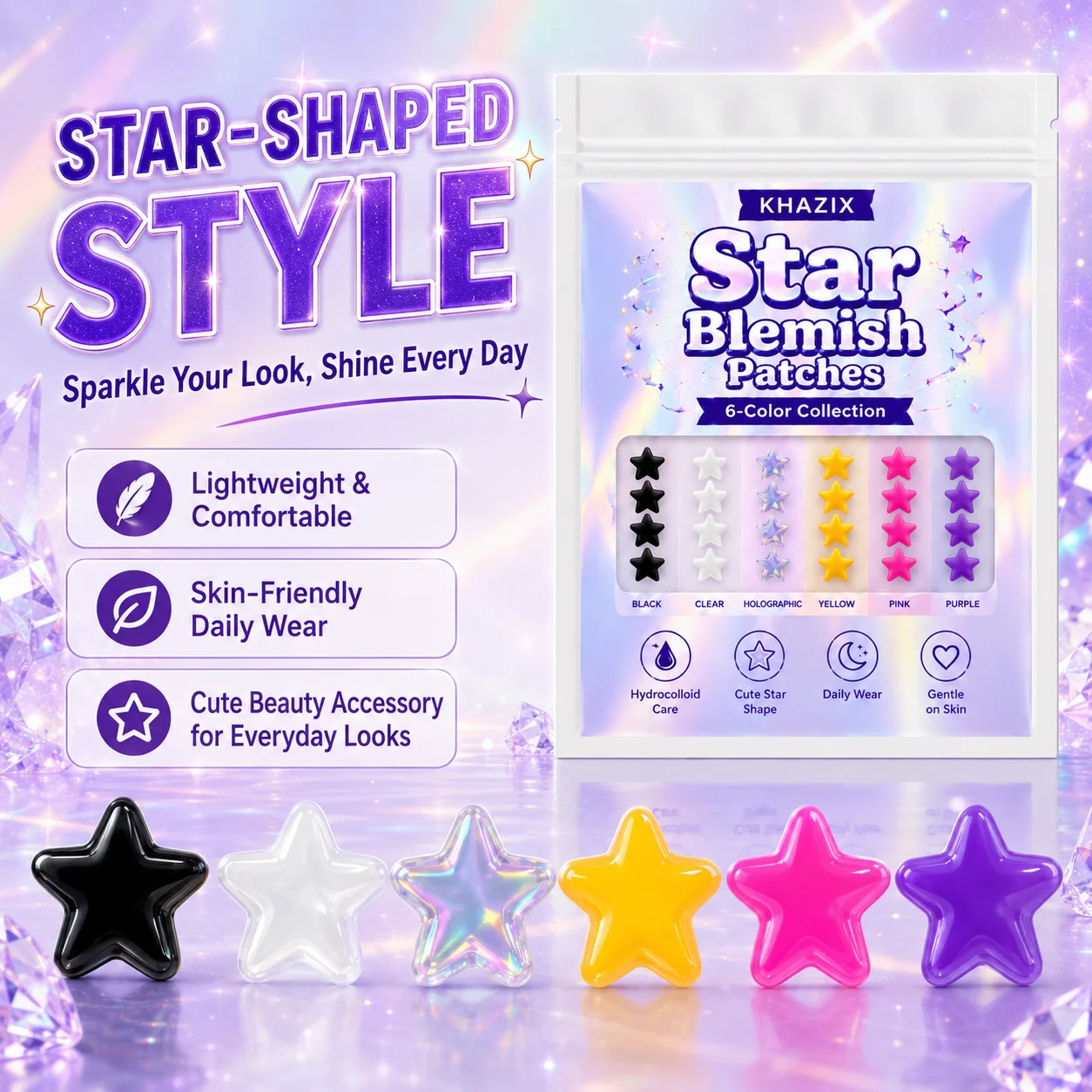240pcsHydrocolloid Star Shaped Acne Pimple Patches, Thin Invisible Blemish Cover Stickers for Facial Skin Care
