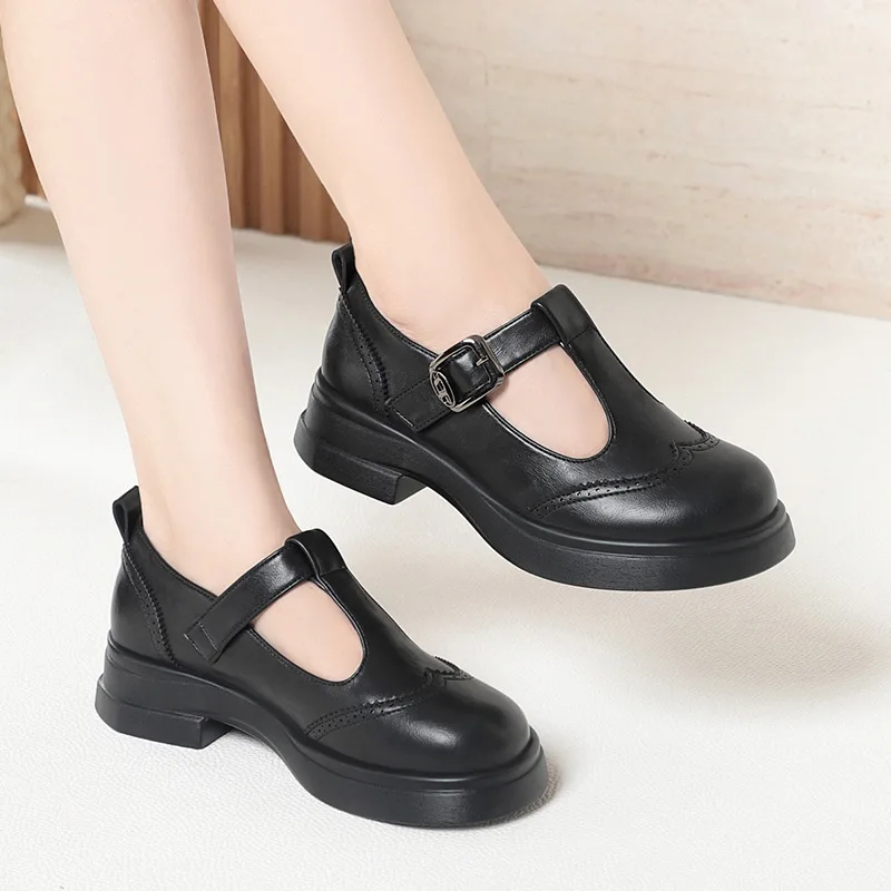 

Женские туфли Мэри Джейн на блочном каблуке 4 см с Т-образной пряжкой, ретро-стиль, дышащие, удобные, из мягкой кожи, на платформе, для офиса и повседневной носки, весна 2026