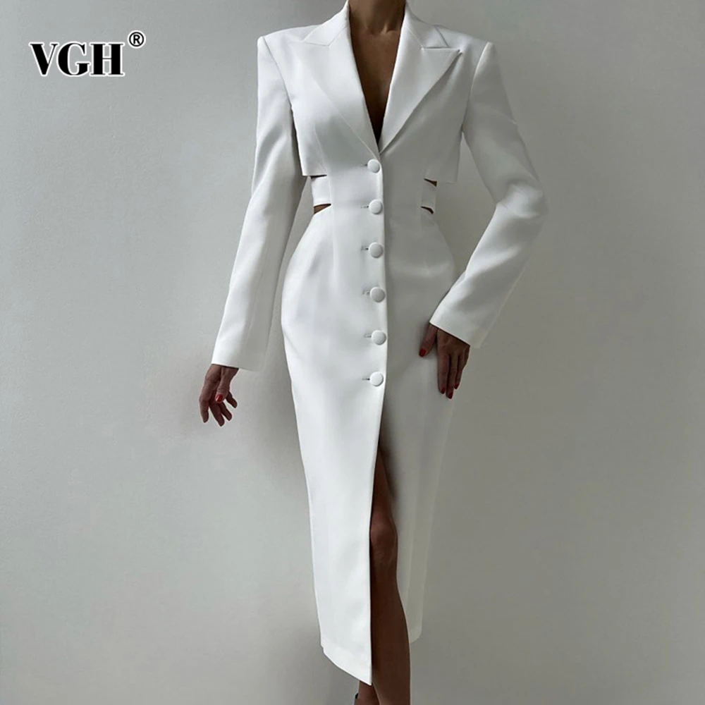 

VGH High Street Hollow Out Tunic Dresses for Women Notched Collar Long Sleeve High Waist Spliced Button Temperament Dress Female