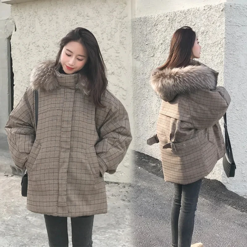 Large Fur Collar women Plaid Parka Coat Cotton-padded casual Clothes lady 2023 coat parkas female plus size outwear