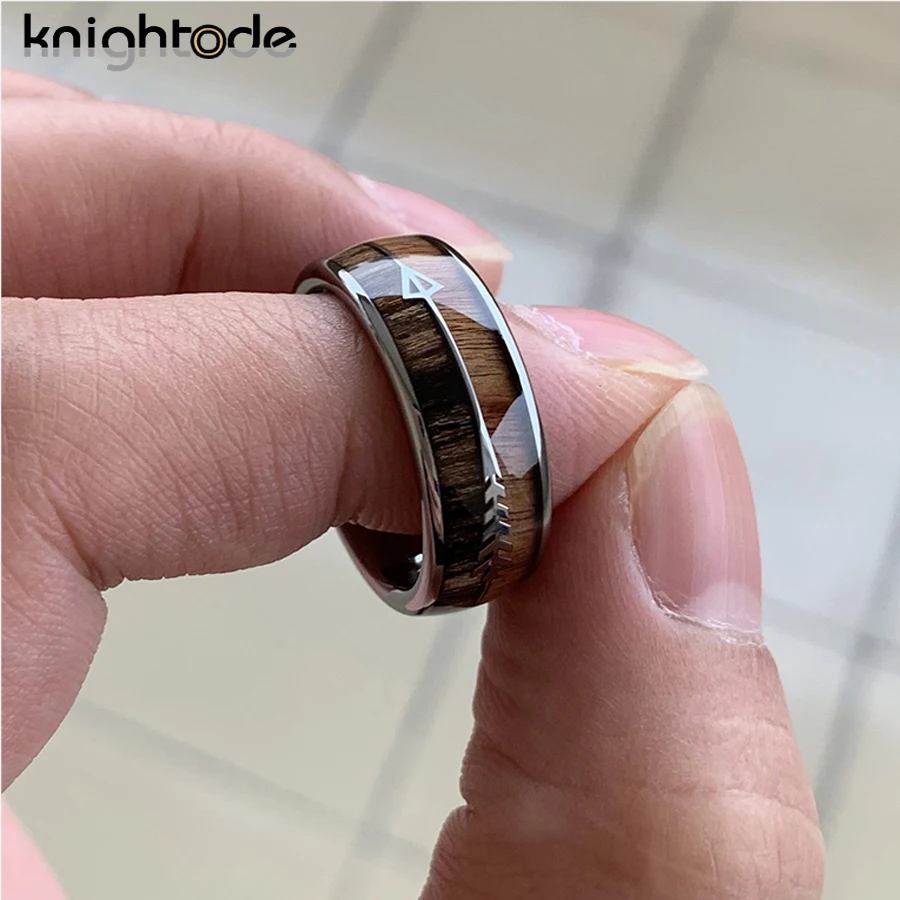 8mm Fashion Tungsten Carbide Wood Rings Steel Arrow Inlay For Men Women Classic Engagement Ring Dome Band Polished Comfort