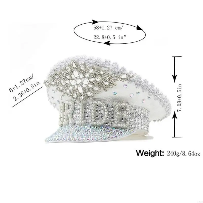 Splendido cappello da sposa con perle, cappello da capitano, con bianchi incrostati, BRIDR da 49