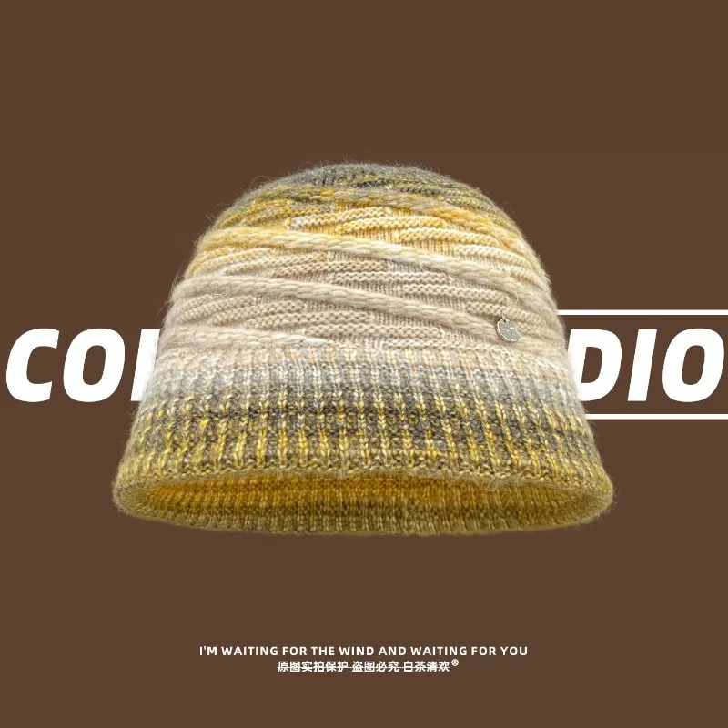 Korean Fashion Gradient Knitted Bucket Hats for Women Autumn and Winter Travel Warm Versatile Atmosphere Sweet Basin Caps