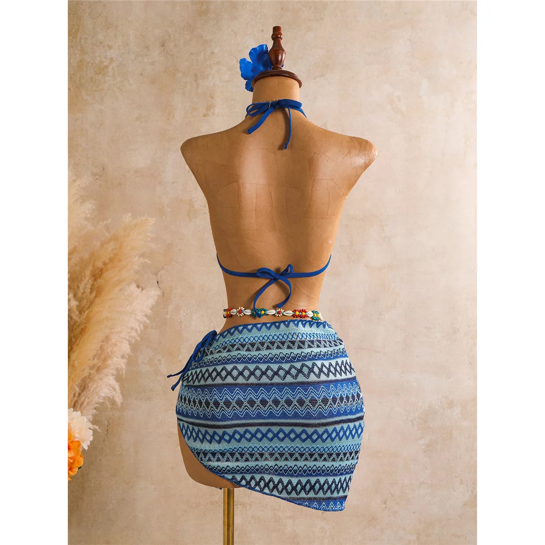 Bedruckter Bikini mit Sarong-Oberteil, Damen-Badeanzug, dreiteiliges Bikini-Set, gepolsterter Badeanzug, Badebekleidung, Modell V8332. – Detail 26