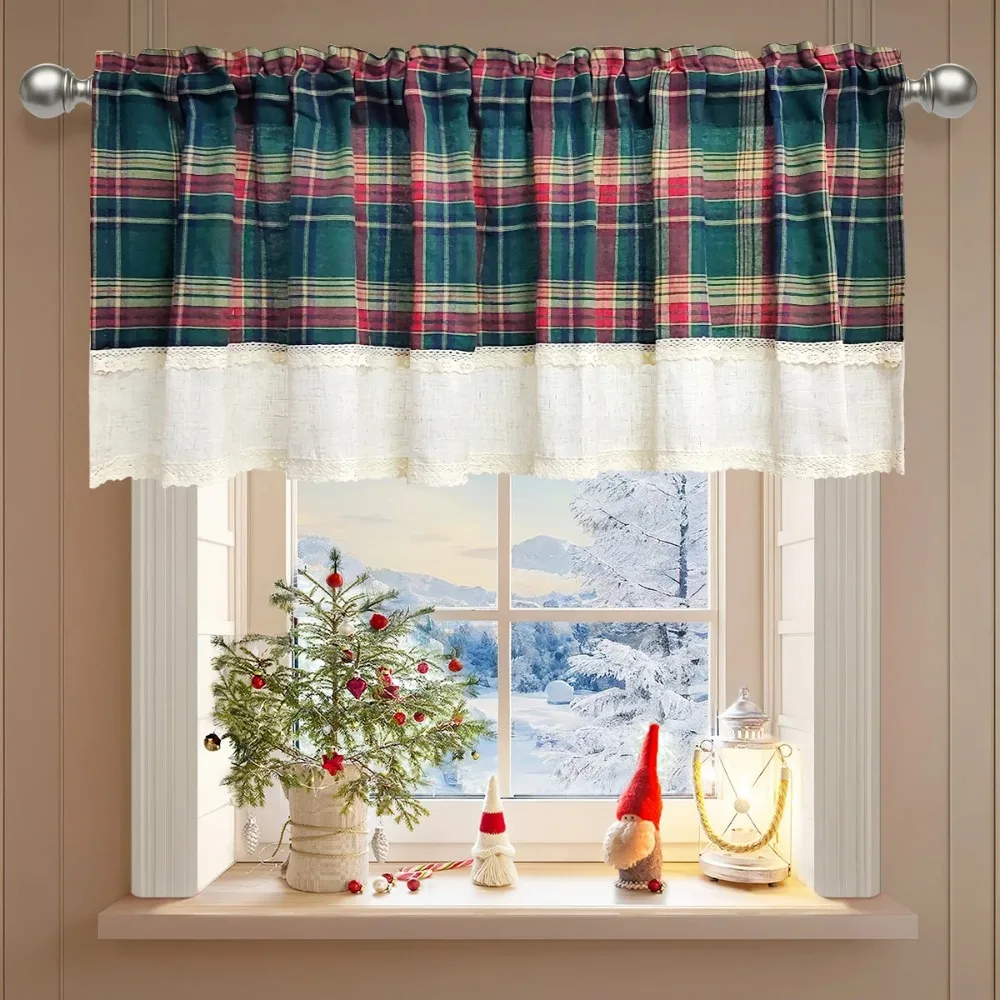 

Красный, зеленый клетчатый кружевной короткий занавес для маленького окна, кухни, Рождественский домашний декор, отель, кафе, праздничное украшение, сезонные шторы
