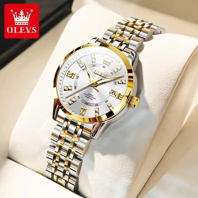 OLEVS Original Luxury Brand Quartz Women's Watch Diamond Scale Double Calendar Waterproof Watch Elegant Set Women's Gift Box