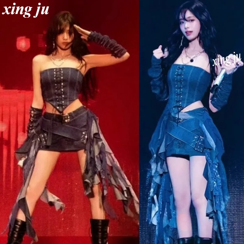 

Kpop Korean Singer Blue Lace-up Denim Tops Irregular Long Skirts Women Jazz Dance Performance Costume Nightclub DJ Stage Outfits