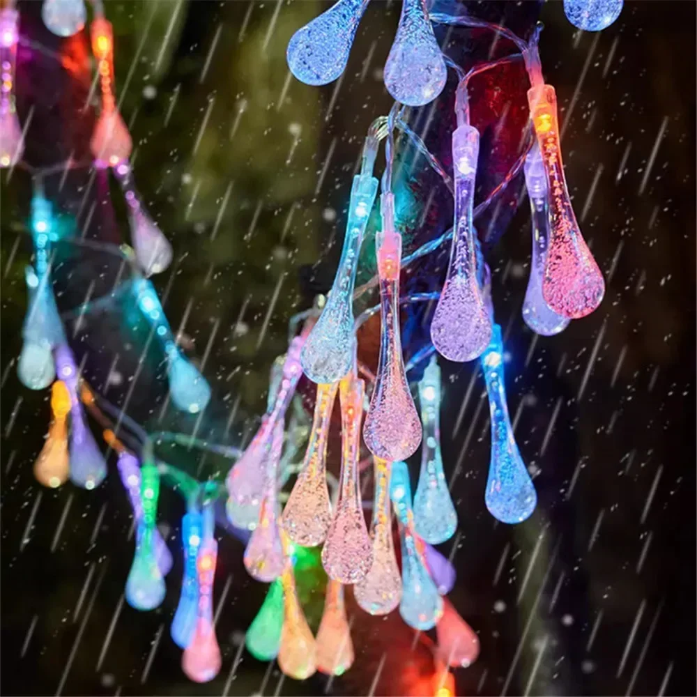 Crystal Waterdrop LED String Lights Battery Power Outdoor Fairy Lamp Decor Garden Lawn Street Christmas Wedding Home Decor