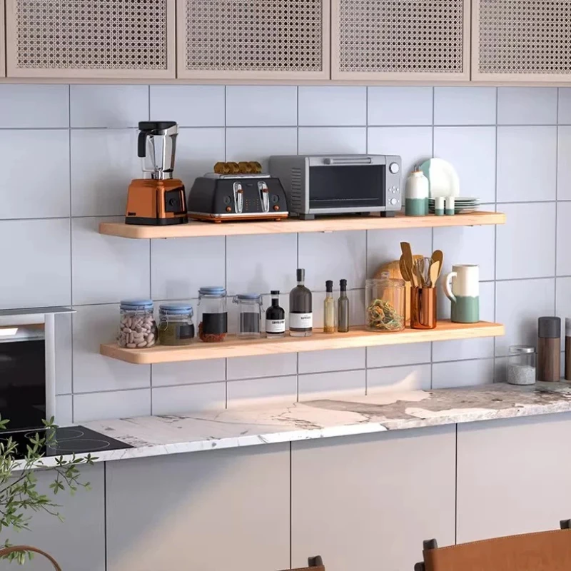 No Drill Natural Wood Wall Shelf Waterproof Damp Proof Easy Clean Wood Oil Coated Floating Storage Rack for Kitchen Living Room