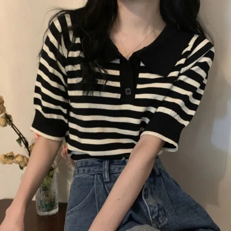 

Polo Neck Striped Short T Shirts Summer New Short Sleeve All-match Youth Thin Knitting Tops Tees Sweet Fashion Women Clothing