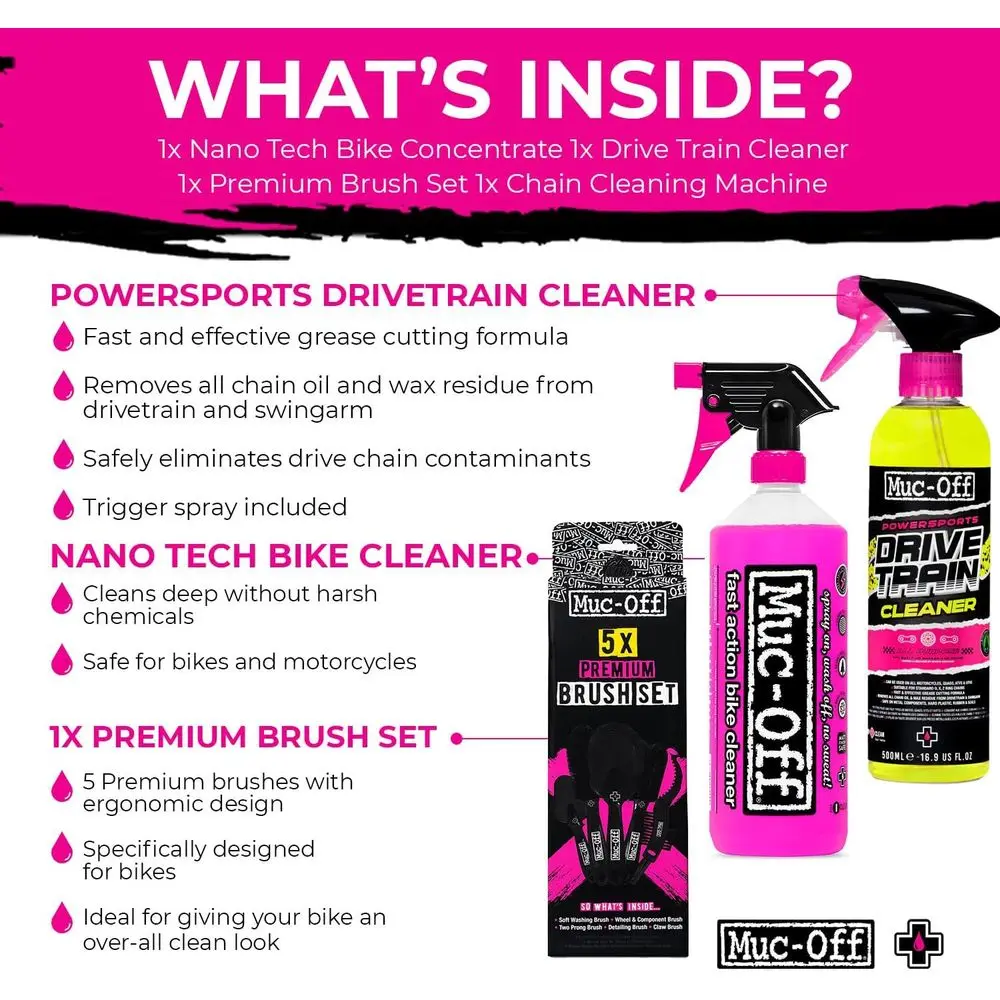 Kit de nettoyage de moto tout-en-un : nettoyant écologique 500 ml, spray NanoTech 1 L, nettoyeur de chaîne X3, 5 brosses Premium