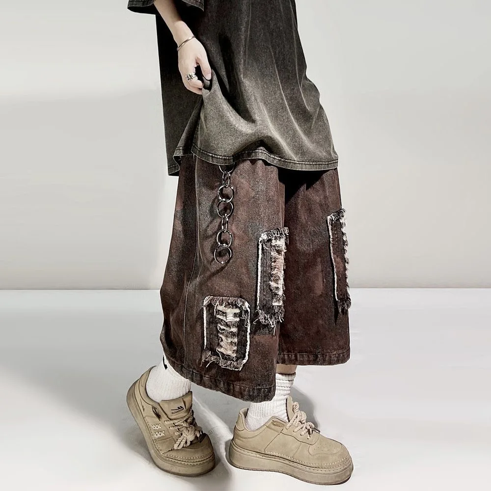 ARENS Ripped Hole Denim Shorts Mens Streetwear Hip Hop Knee Length Pants Harajuku Vintage Baggy Casual Wide-leg Short Male