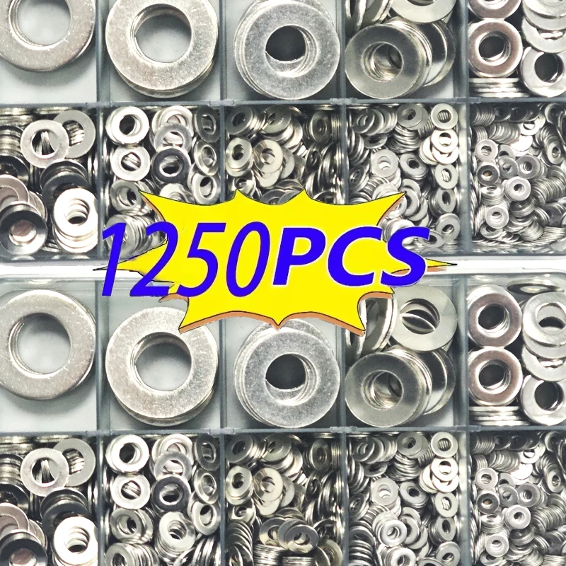 1250pcs 304 Stainless Steel Flat Washers Assortment Kit (M2 M2.5 M3m4 M5 M6 M8 M10 M12) Suitable for Home Decoration