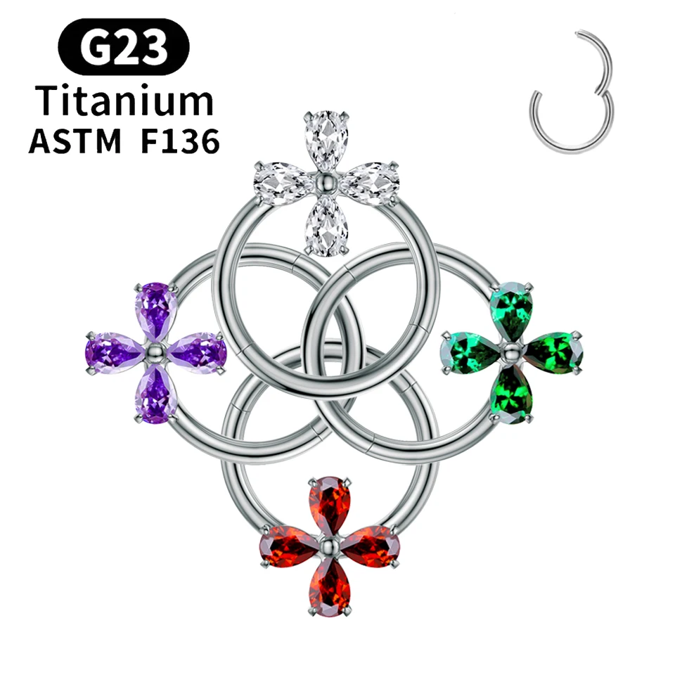 

G23 Титановые серьги 5А Цирконовые камни Сексуальные цветочные кольца в носу Шарнирная перегородка Обруч Мода Helix Daith Ювелирные изделия для пирсинга