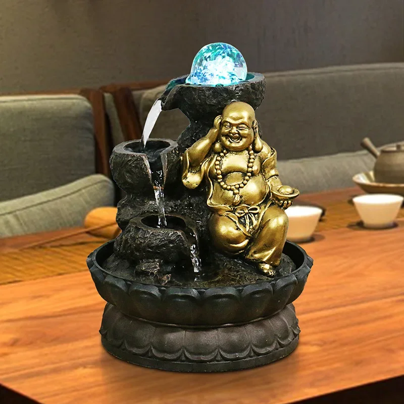 Water Sound Relaxation Tabletop Fountain, Zen Buddha Statue Wealth Desktop Water Fountain With Led Light and Lucky Crystal Ball