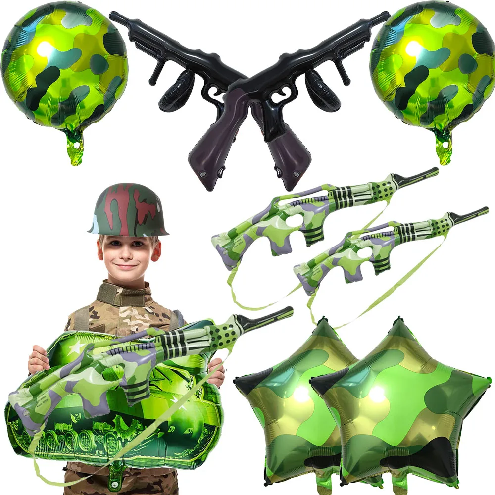 Military Theme Inflatable Gun Prop Army Tank Balloon Camouflage Star Round Balloons Kids Boys Camouflage Birthday Party Supplies