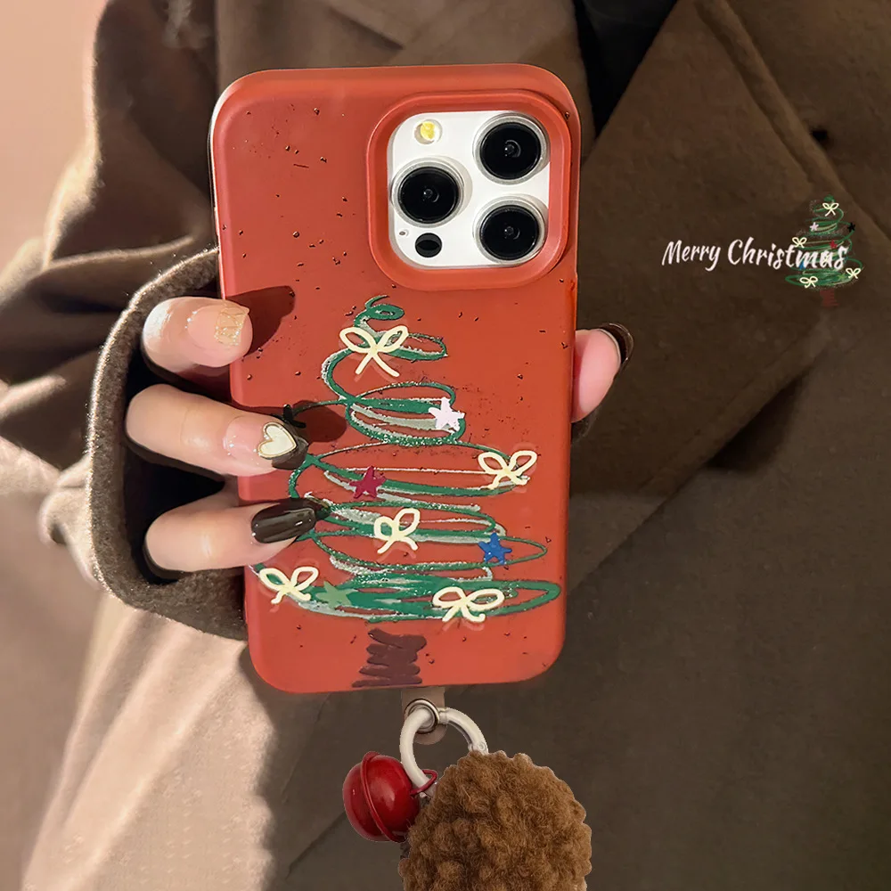 ins graffiti christmas tree for iphone16pro max mobile phone case iphone case anti-drop 14 retro red 13