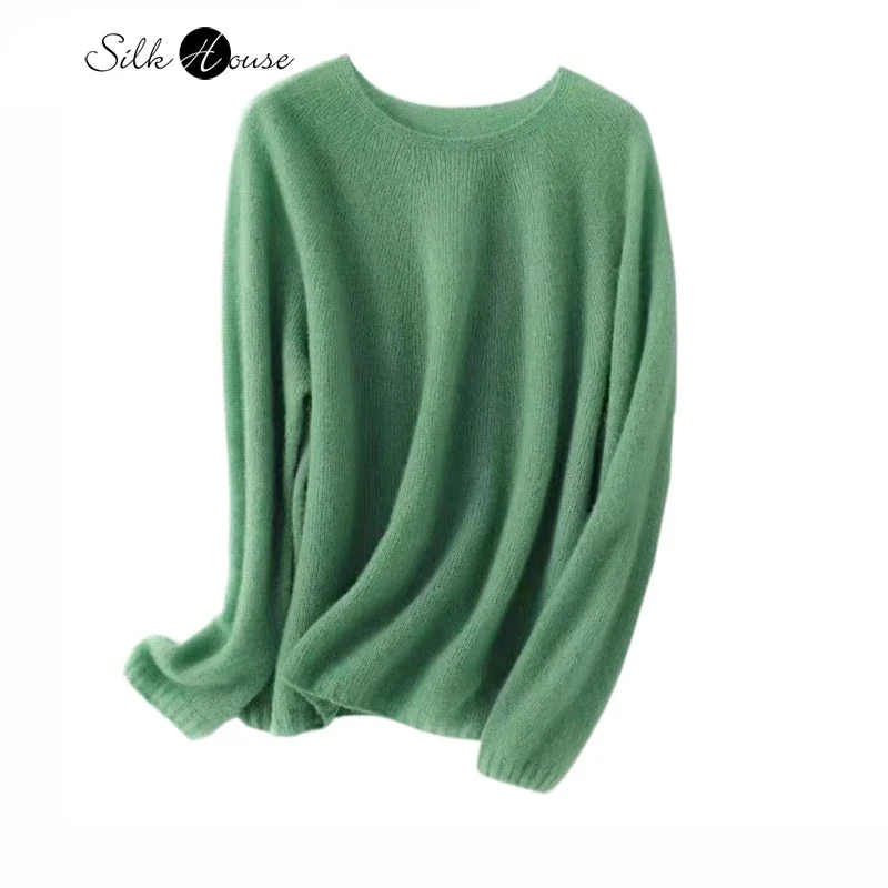 

2024 Women's Fashion Autumn/Winter New 23% Natural Mulberry Silk 77% Cashmere Blended Lazy Style Round Neck Long Sleeved Sweater