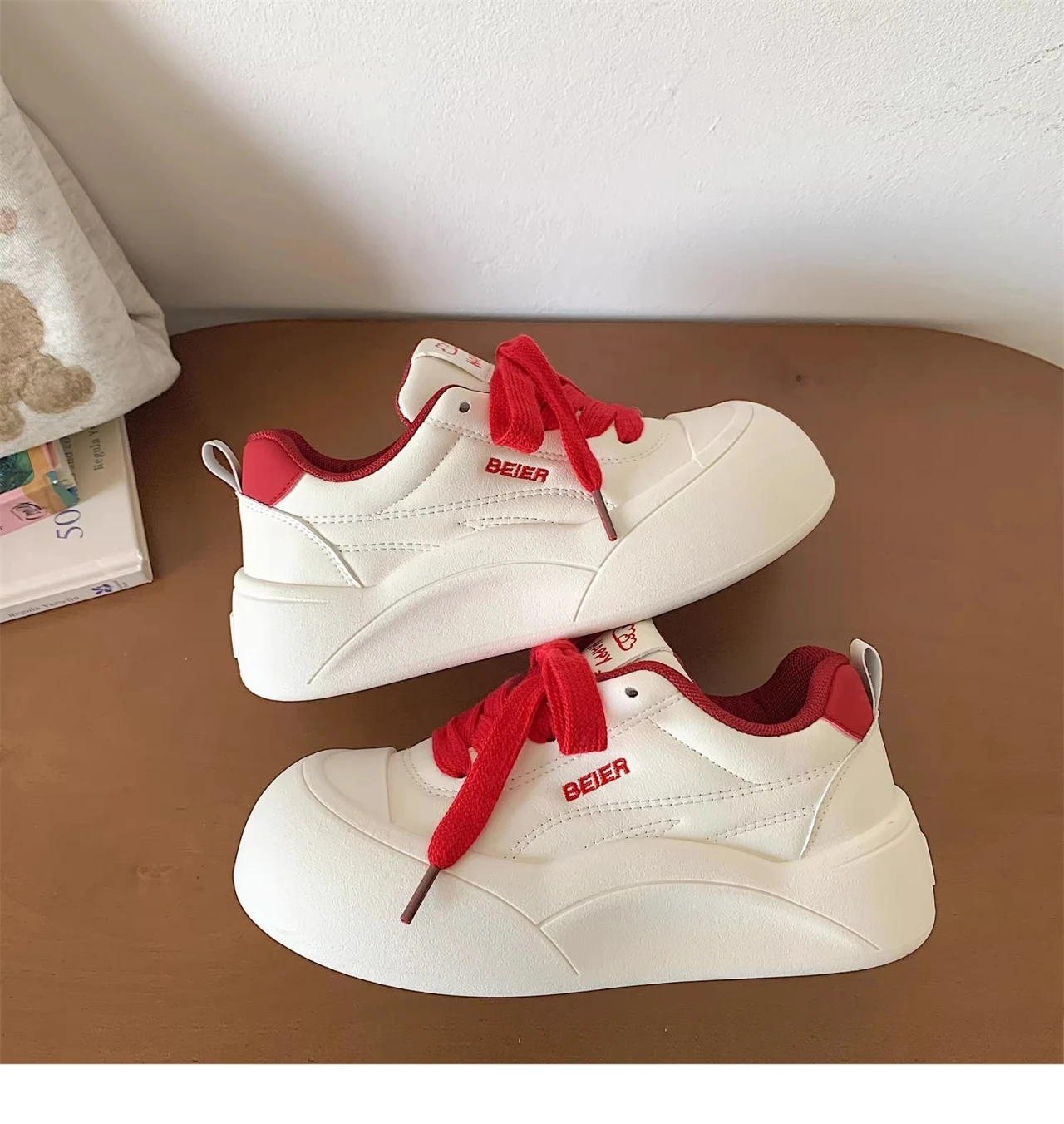 Kids Cute Round Toe Platform Sneakers Soft Leather Double Shoelace Cloud Embroidery Tongue Height Increasing Casual Shoes