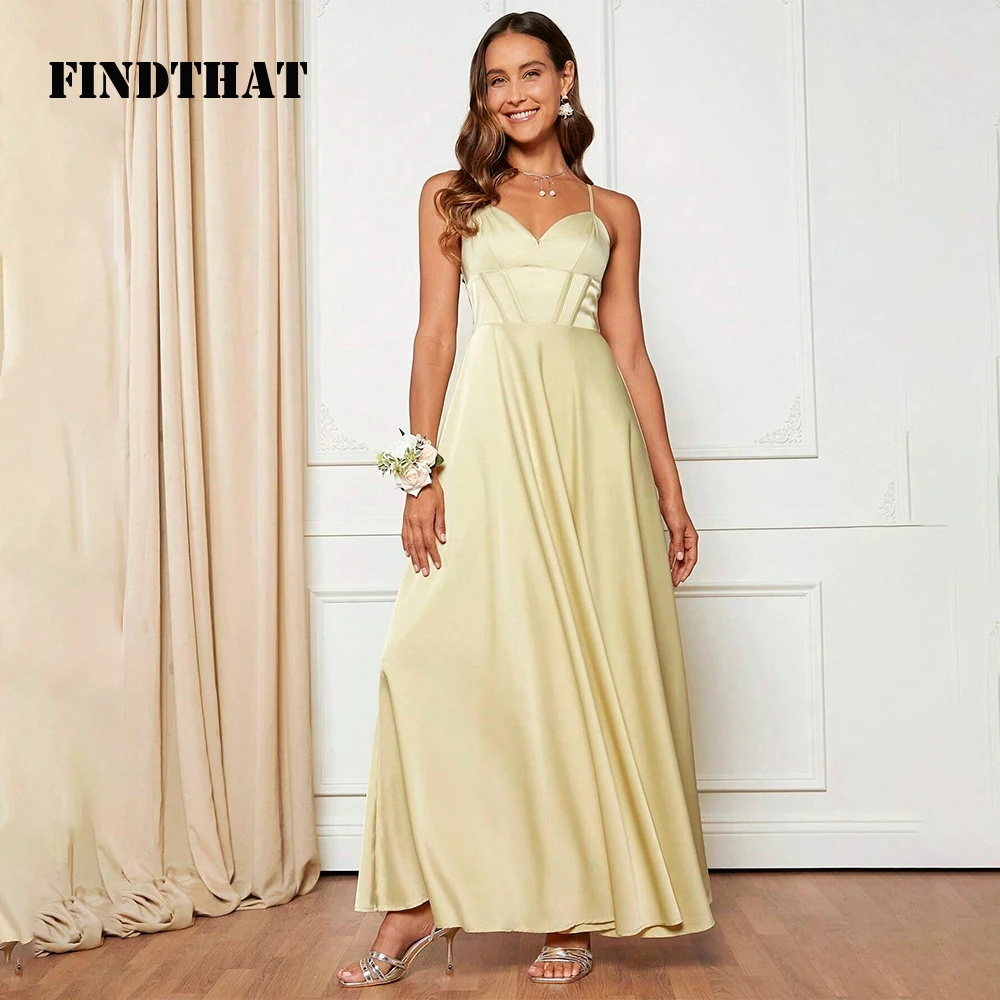 

Findthat Simple Solid Satin Spaghetti-Straps Bridesmaid Dress 2024 V-Neck A-Line Ankle-Length Evening Party Gown robes de soirée