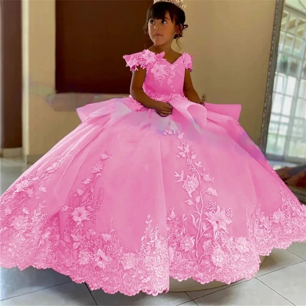 Custom Flower Girl Dress for Wedding First Christmas Party with Off Shoulder Lace Embroidery Oversized Back Bow and Long Train