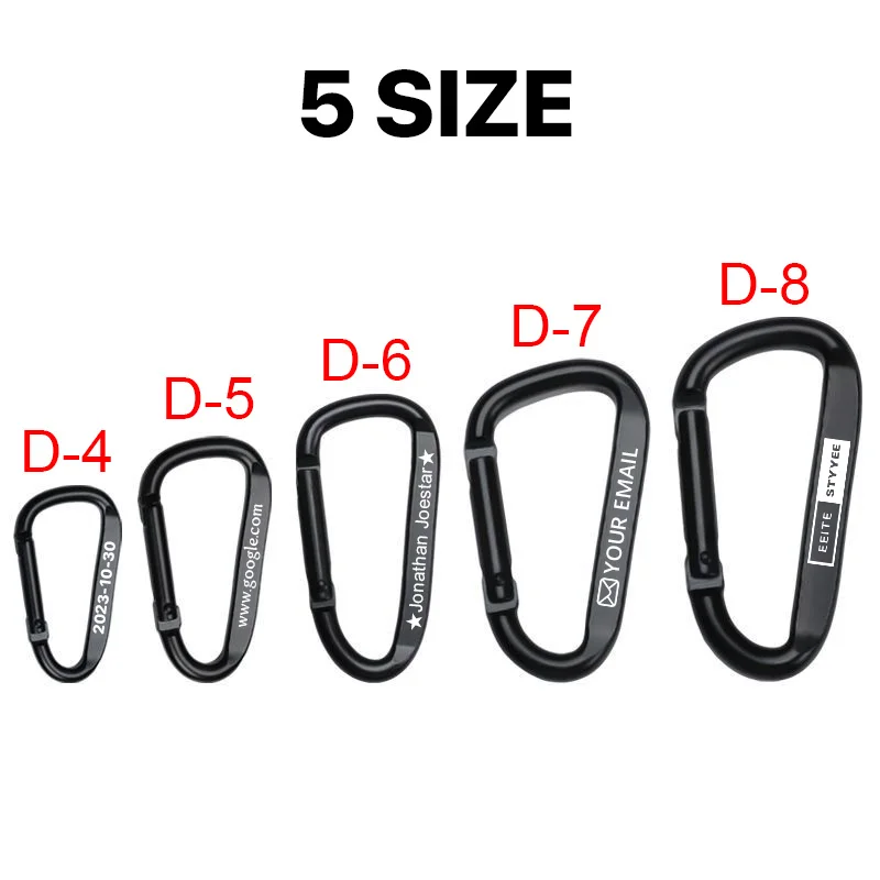 20pcs Custom Metal Carabiner Clip D Shape Spring Snap Hook Buckle Engraved Aluminum Alloy Key Ring for Camping Hiking Outdoors