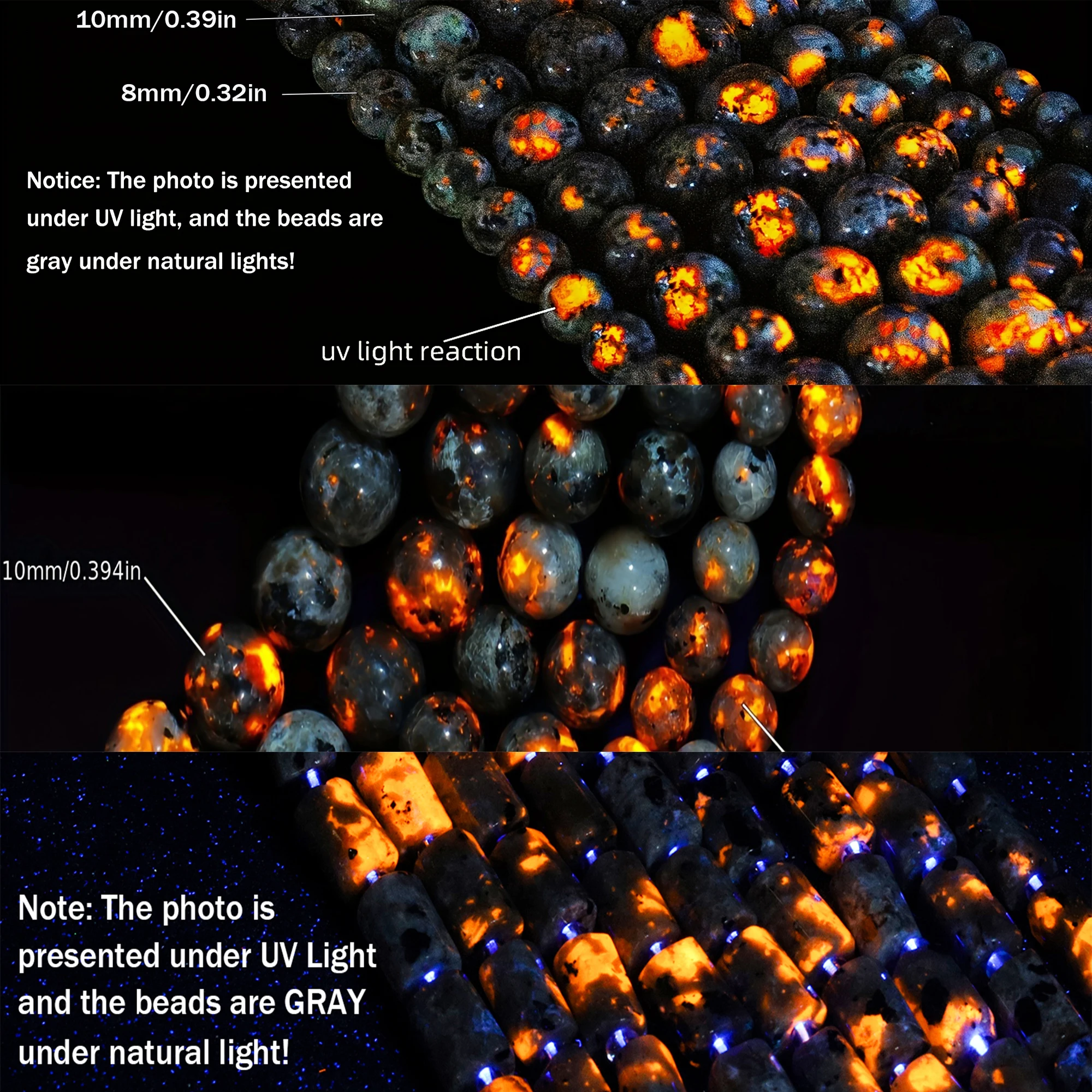 6-12 مللي متر اليوبيرليت الطبيعي توهج حجر الأشعة فوق البنفسجية ضوء رد الفعل Syenite لهب الخرز فضفاض خزر عازل لصنع المجوهرات أساور يدوية #1