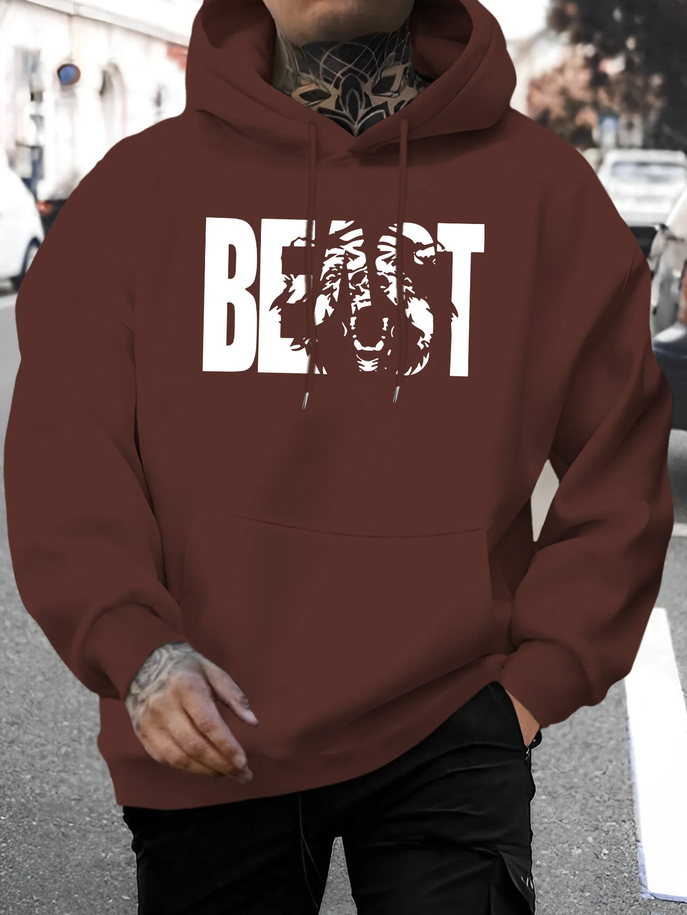 Men's New Fashion Personality Beast Letter Printing Casual Sweater Fashion Drawstring Hoodie Autumn and Winter Top Comfortable Versatile Long-sleeved Hooded Sweater [Niuwang Selection]