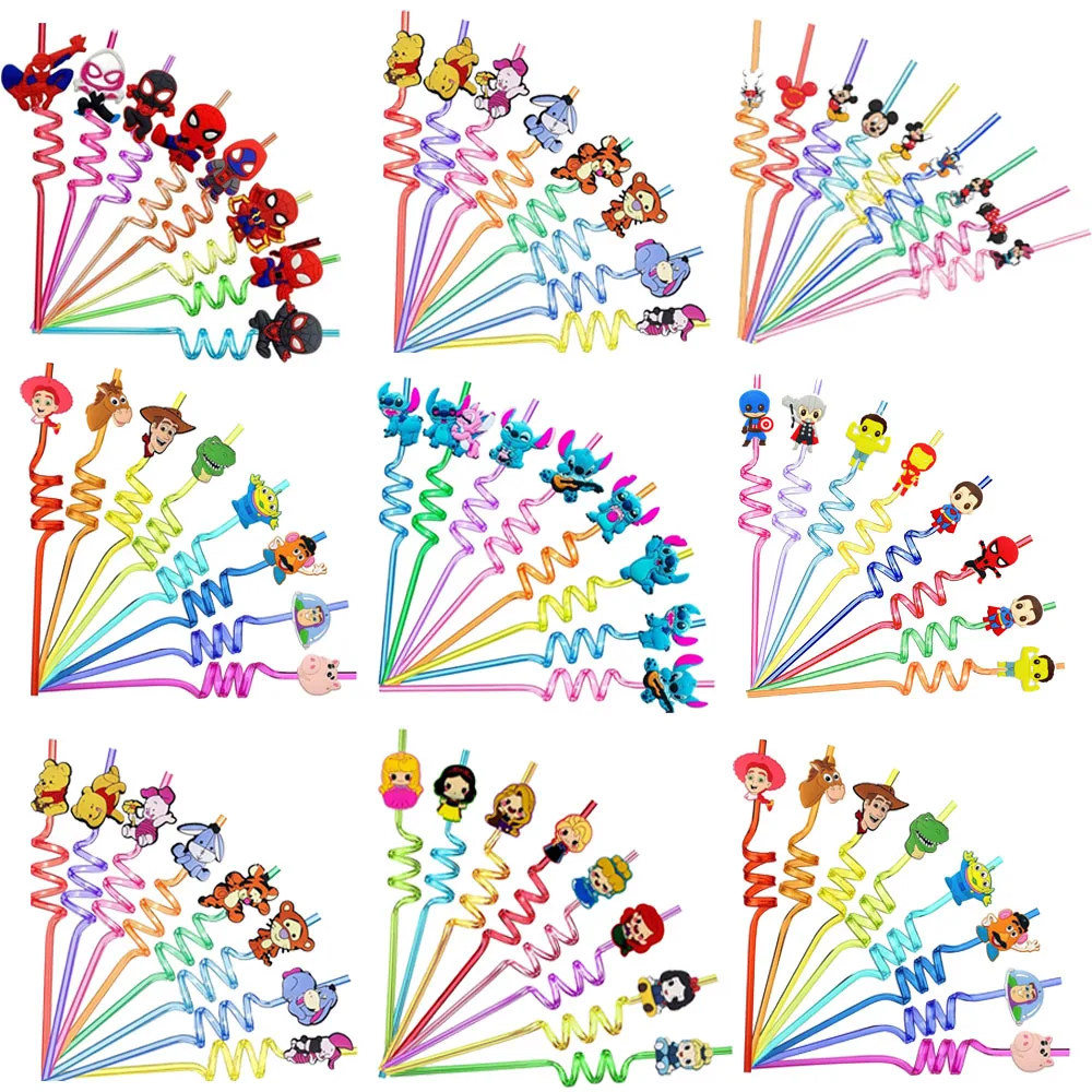 6/12Pcs Lilo and Stitch Reusable Drinking Straws Birthday Party Supplies Winnie Mickey Mouse Toy Story Princess Spiderman Straws