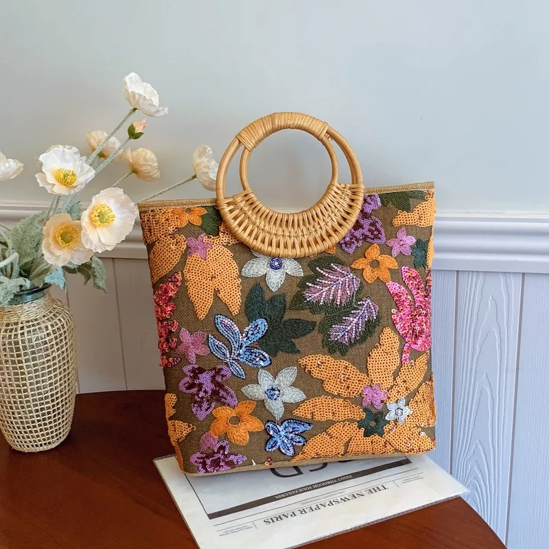

Fashion Flower Sequins Embroidery Large Tote Bag Round Rattan Handle Women Handbag Casual Summer Beach Bags for Vacation&holiday
