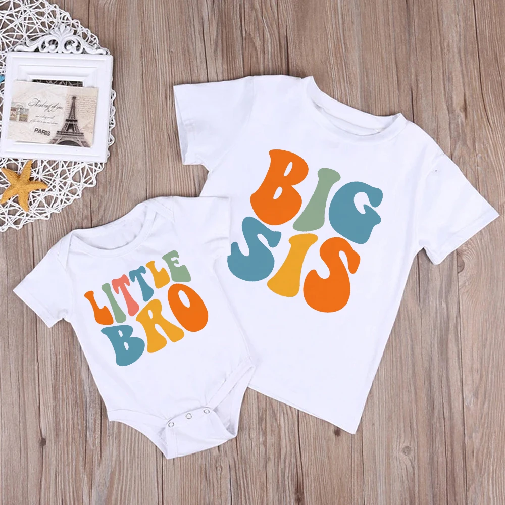 Big Sis Little Bro Print Family Matching Shirt Girls Boys Sibling Summer T-shirt Tops Baby Bodysuit Kids Tee Short Sleeve Outfit