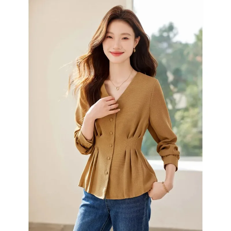 Women's Camel V-Neck Waisted Blouse Elegant Long Sleeve Button Front Textured Peplum Top