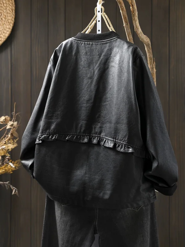 Casual Long Sve Stand Collar PU Leather Jaet Women's Personali Splicing Baseball Coat Trendy Autumn New Ba Ear Mus...