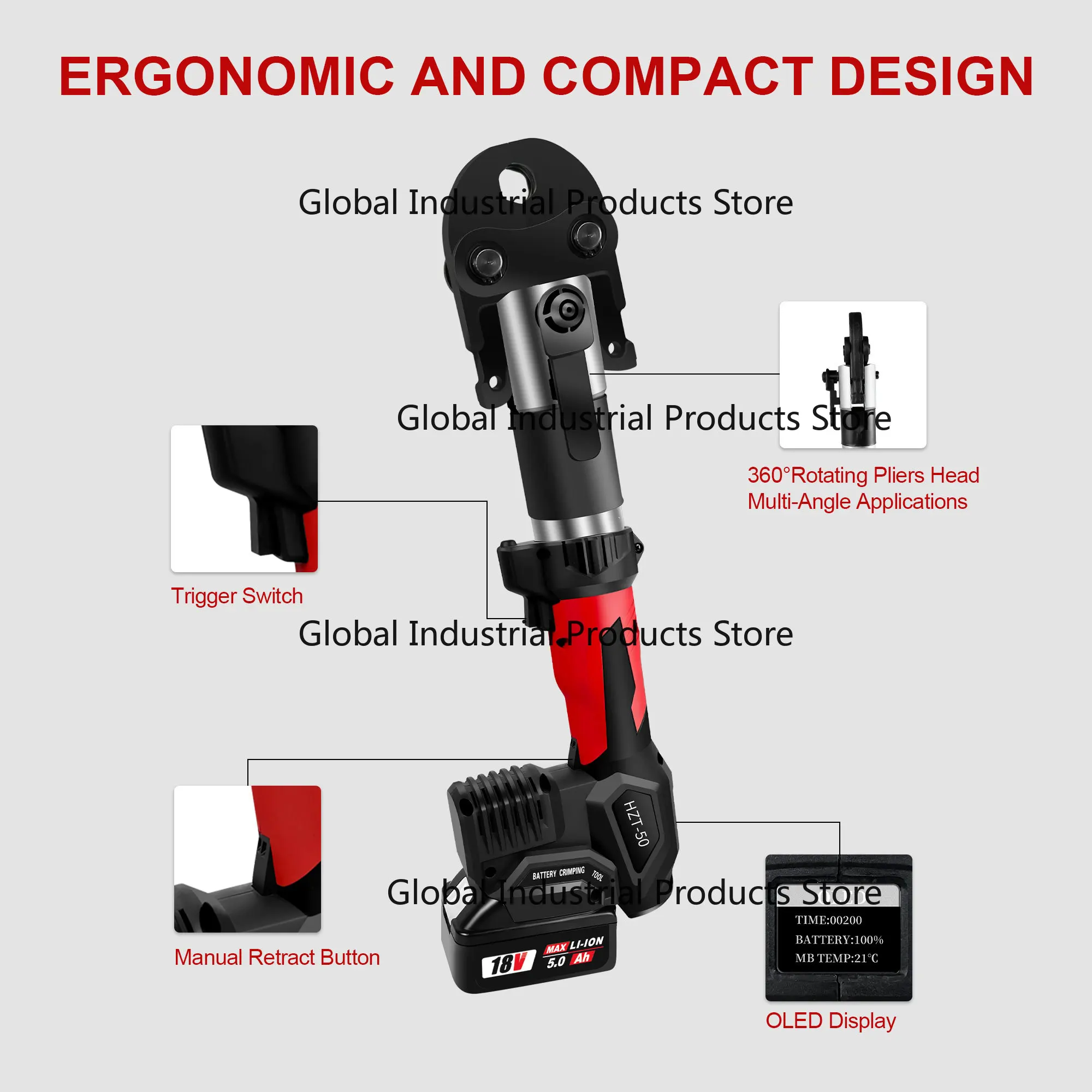 HZT-50 Multifunctional Hydraulic Crimping Tool 18V 4.0Ah Li-ion Battery Powered Pipe Pressing Equipment for Electrical Wiring