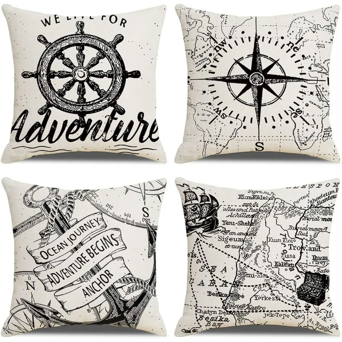 Nautical Decorative Pillow Covers Navigation Voyage Compass & Anchor Cushion Cover 40x40cm 16x16Inch 45x45cm 18x18Inch