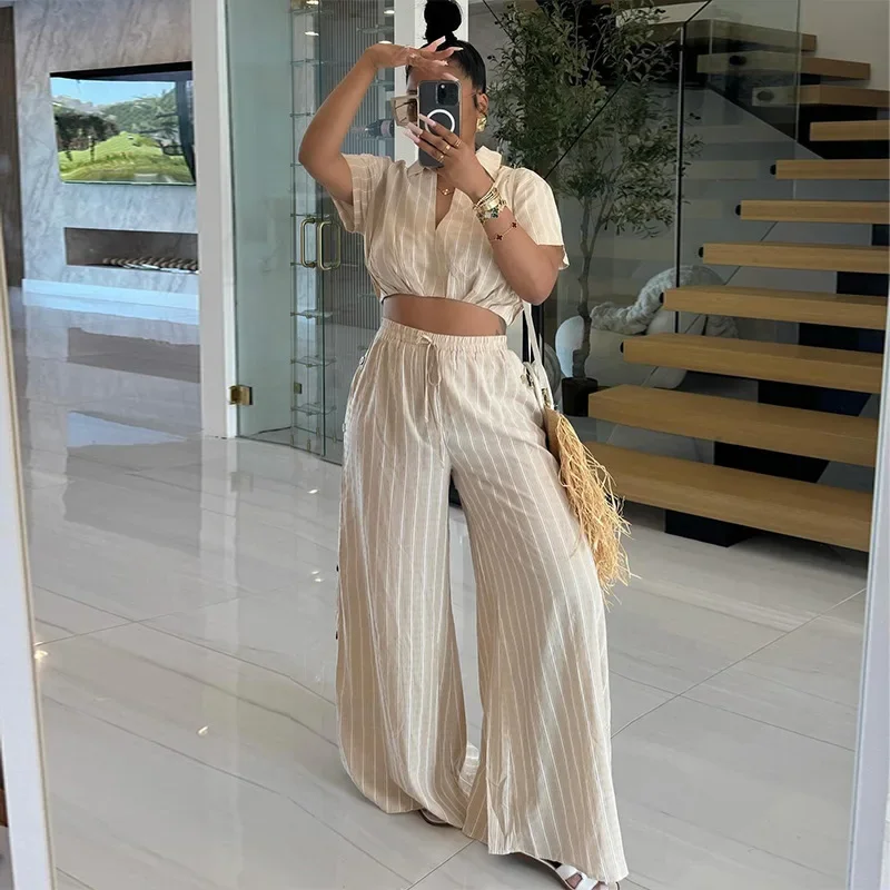 Mandylandy Summer Women Shirts Tops Trousers Sweet Stripes Short Sleeve Shirt High Waist Drawstring Wide-Leg Pants Two-Piece Set