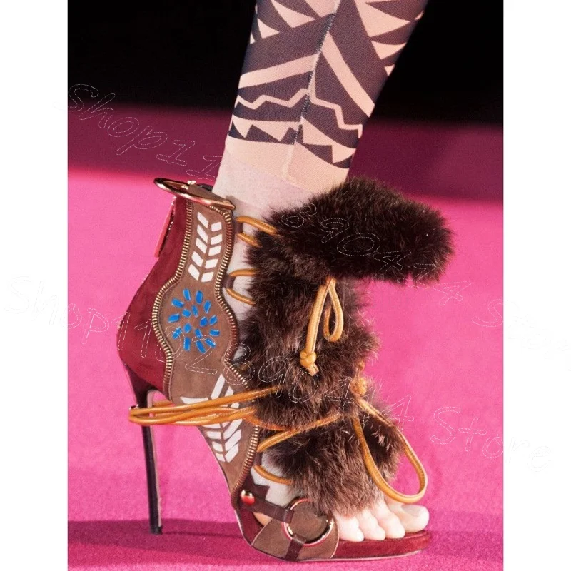 

Brown Fur Foliage Print Strappy Open Toe Sandals Back Zipper Women Shoes Thin High Heel Party Runway 2025 Zapatos Para Mujere