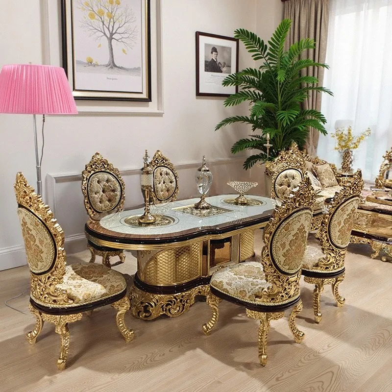 French Court Wooden Dining Table Chair Set Solid Wood Carved Gilded Foil European Style Kitchen Dining Table Luxury High-end