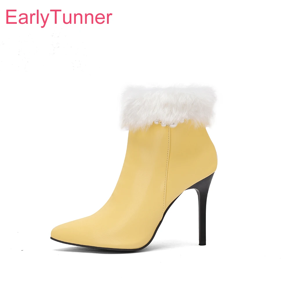

2025 New Winter Elegant Yellow Red Women Ankle Boots Fur High Stiletto Heel Lady Party Shoes Plus Big Size 11 44 46 48