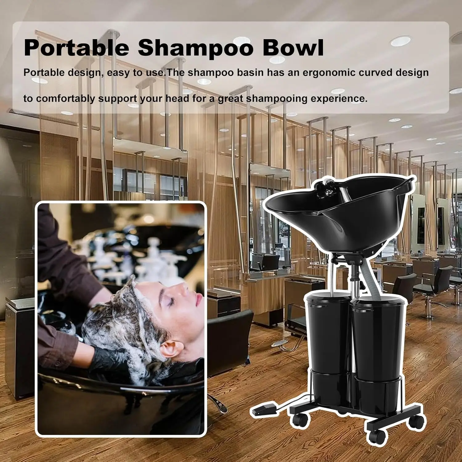 Plastic Shampoo Bowl Unit with 2 Bucket with Electric Pump and Drain Hoses, 270 Degree Rotation of Shampoo Basin Height